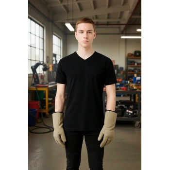 Erkek Siyah V Yaka Kısa Kollu Nefes Alabilir Pamuklu Düz T-Shirt