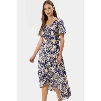 Şal Desenli Midi Boy Kruvaze Viskoz Elbise Yazlık Rahat Günlük Stil Trend Tasarım Ve Şık