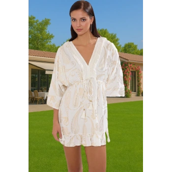 Şal Desenli Mini Plaj Elbisesi Viskoz Kumaş Yazlık Aksesuarlı Uzun Ömürlü Rahat Ve Şık Uzun Ömürlü