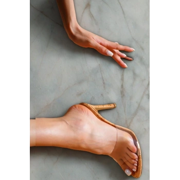 Şeffaf Bantlı Mantar Desenli İnce Topuklu Terlik Zarif ve Modern Yaz Kombini Stiletto Terlik