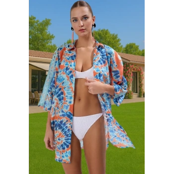 Şerit Detaylı %100 Pamuk Mini Plaj Elbisesi Soyut Desenli Rahat Yazlık Kaliteli İşçilik