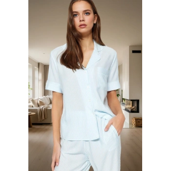Shally Dokuma %100 Viskoz Pijama Takımı Çizgili Rahat ve Şık Konforlu Kesim Premium Kalite