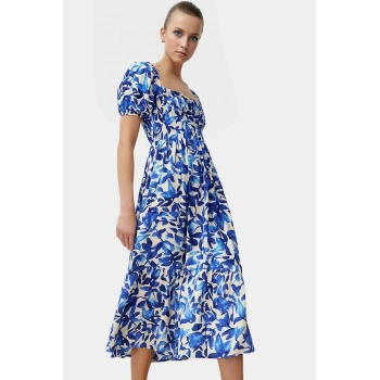 Shally Dokuma Viskoz Çiçekli Skater Elbise Gipeli Midi Boy Yüksek Kalite Günlük Kullanım İçin