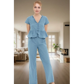 Shally Dokuma Viskoz Pijama Takımı V Yaka Fırfır Detay Rahat Kalıp Seçkin Malzeme