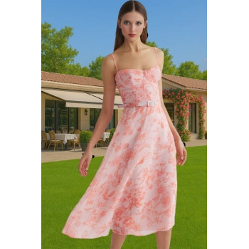 Şifon A Kesim Çiçek Desenli Midi Abiye Elbise Dayanıklı Malzeme Trend Tasarım Premium Kalite