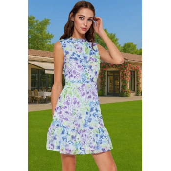 Şifon Astarlı Çiçekli Mini Elbise Dik Yaka A Kesim Yazlık Günlük Kullanım İçin Özenle Seçilmiş