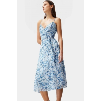 Şifon Astarlı Midi Elbise V Yaka A line Desenli Yazlık Özel Tasarım Trend Şık Görünüm