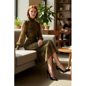 Şifon Dokuma Kadın Midi Elbise A Line Kesim Balon Kol Gipeli Tasarım Dik Yaka Animal Deseni