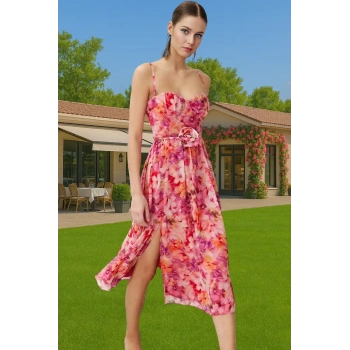 Şifon Gül Detaylı A Kesim Midi Abiye Elbise Yaz Mevsimi İçin Zarifane Tasarım Zarifane Tasarım