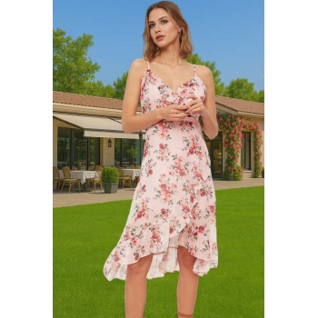 Şifon Kruvaze Midi Elbise Desenli Astarlı Yazlık Günlük Kullanım İçin Mükemmel Uyum Uzun Ömürlü