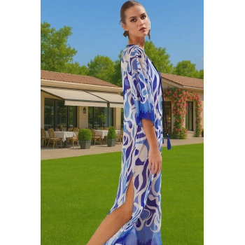 Şifon Leopar Desenli Maxi Plaj Elbisesi Bağlamalı Yaka Seçkin Malzeme Konforlu Kesim Özenle Seçilmiş