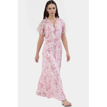 Şifon Maxi Elbise Çiçek Desenli Skater Kalıp Melek Kol Yazlık Modern Stil Seçkin Malzeme