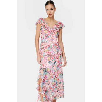 Şifon Maxi Elbise Çiçekli Desen Astarlı Yazlık Kısa Kollu Konforlu Kesim Kaliteli İşçilik