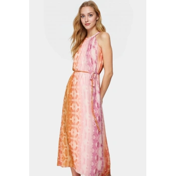 Şifon Maxi Elbise Soyut Desenli Reglan Kol Halter Yaka Yazlık Konforlu Kesim Modern Stil