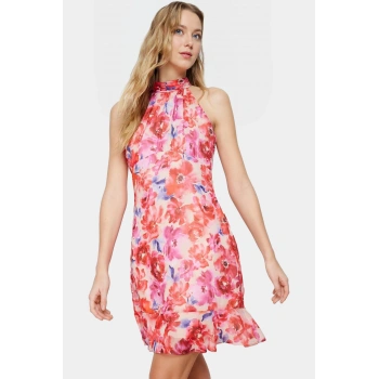 Şifon Mini Elbise Çiçek Desenli Halter Yaka Yazlık Astarlı Premium Kalite Zarifane Tasarım