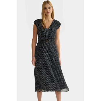 Şifon Puantiyeli A Kesim Kemerli Elbise Yazlık Dokuma Polyester Uzun Ömürlü Zarifane Tasarım