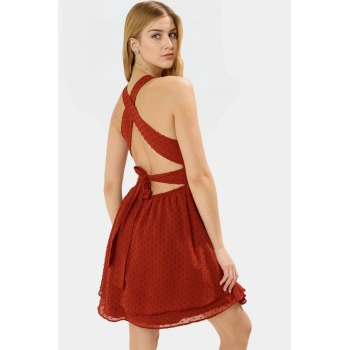 Şifon Puantiyeli Mini Elbise Boyundan Bağlamalı Belden Açılan Etek Rahat Ve Şık Zarifane Tasarım
