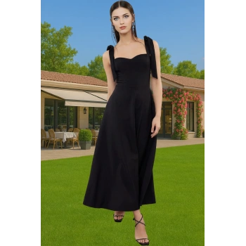 Şık A Kesim Midi Abiye Elbise Bağcıklı Askı Detaylı Dokuma Kumaş Yüksek Kalite Zarifane Tasarım