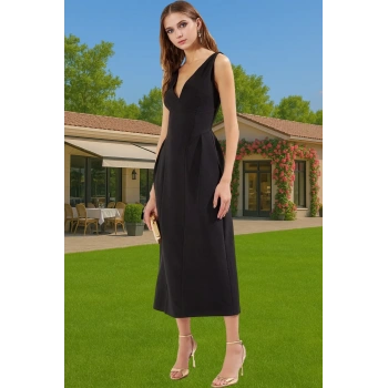 Şık A Kesim Midi Abiye Elbise Polyester Elastan Dokuma Kumaş Profesyonel Görünüm Modern Stil