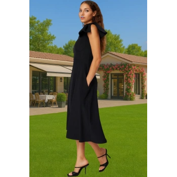 Şık A Kesim Midi Boy Tek Kol Fiyonk Detaylı Abiye Elbise Şık Görünüm Rahat Ve Şık Premium Kalite