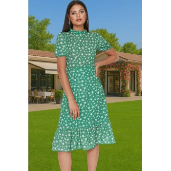 Şık A Kesim Midi Elbise Balon Kol Polyester Dokuma Yazlık Konforlu Kesim Rahat Ve Şık Seçkin Malzeme