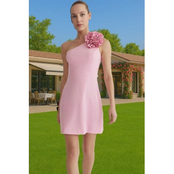 Şık A Kesim Mini Abiye Elbise Dokuma Kumaş Gül Detaylı Zarifane Tasarım Yüksek Kalite Premium Kalite