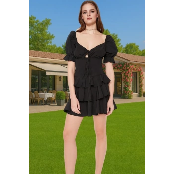 Şık A Kesim Mini Elbise Balon Kol Detaylı Poplin Kumaş Uzun Ömürlü Özenle Seçilmiş Şık Görünüm