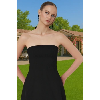 Şık A Kesim Straplez Midi Elbise Finike Dokuma Polyester Elastan Konforlu Kesim Rahat Ve Şık