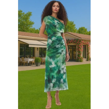 Şık Abiye Elbise Örme Tül Midi Boy Çok Renkli Desenli Rahat Ve Şık Özenle Seçilmiş Modern Stil