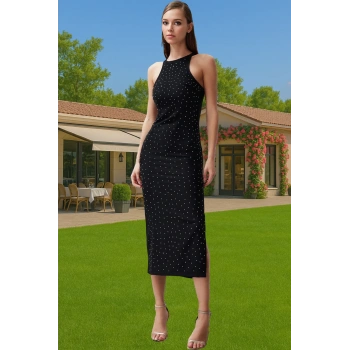 Şık Abiye Elbise Parlak Taşlı Dokuma Midi Boy Vücudu Saran Premium Kalite Özenle Seçilmiş