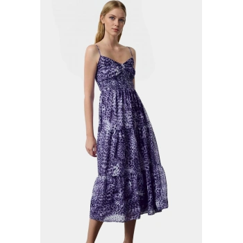 Şık Animal Desenli Yazlık Midi Elbise Dokuma Şifon Kumaş Skater Kalıp Rahat Kullanım