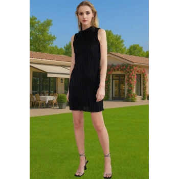 Şık Astarlı Örme Mini Elbise Dik Yaka Piliseli Polyester Abiye Özenle Seçilmiş Premium Kalite