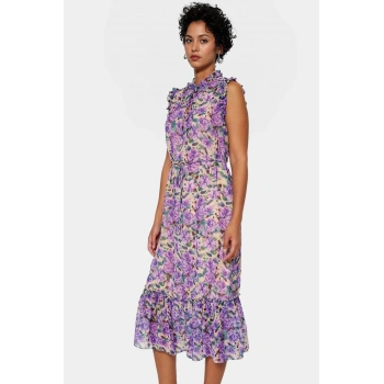 Şık Astarlı Şifon Elbise Çok Çiçek Desen Midi Boy Dik Yaka Rahat Kullanım Modern Stil