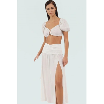 Şık Bluz Etek Takım Viskoz Polyester Karışımı Rahat Kalıp Yazlık Mükemmel Uyum Trend Tasarım