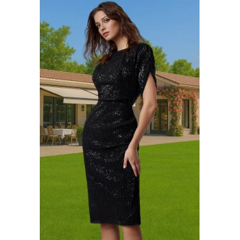 Şık Bodycon Abiye Elbise Payet İşlemeli Polyester Karışımlı Midi Boy Seçkin Malzeme