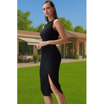 Şık Bodycon Finike Dokuma Elbise Kolsuz Bisiklet Yaka Yüksek Kalite Profesyonel Görünüm