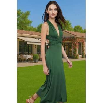 Şık Bodycon Midi Örme Elbise V Yaka Viskoz Yazlık Yüksek Kalite Modern Stil Seçkin Malzeme