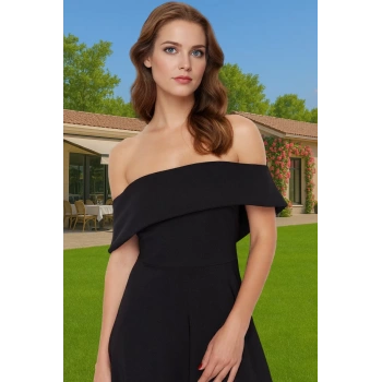 Şık Carmen Yaka A Kesim Midi Abiye Elbise Polyester Elastan Rahat Kullanım Dayanıklı Malzeme