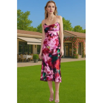 Şık Çiçek Desenli Saten Midi Abiye Elbise Yaz Mezuniyet Elbisesi Rahat Kullanım Seçkin Malzeme