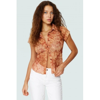 Şık Çiçek Desenli Tül Bluz Rahat Vücut Oturan Kısa Kollu Polyester Örme Günlük Kullanım İçin