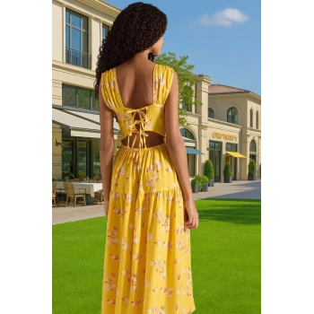 Şık Çiçekli Desenli Midi Boy Skater Elbise Viskoz Kumaş Rahat Kaliteli İşçilik Trend Tasarım