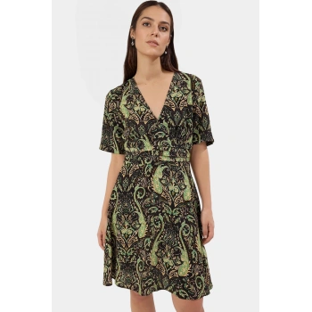 Şık Çiçekli Viskoz Mini Elbise Rahat A line Kalıp Yazlık Modern Stil Seçkin Malzeme