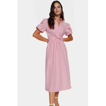 Şık Çizgili Midi Elbise Rahat Dokuma Pamuklu Kumaş Gömlek Yaka Skater Kalıp Konforlu Kesim