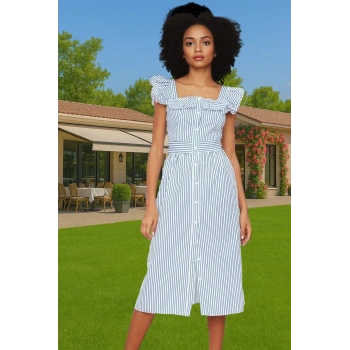 Şık Çizgili Midi Gömlek Elbise Pamuk Polyester Nefes Alabilir Yazlık Modern Stil Seçkin Malzeme