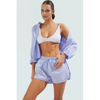 Şık Çizgili Pamuklu Gömlek Şort Plaj Takımı Yazlık Rahat Kombin Görünüm Yüksek Kalite