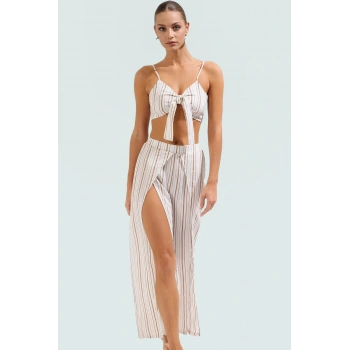 Şık Çizgili Plaj Takımı Rahat Uzun Crinkle Dokuma Polyester Seçkin Malzeme Özenle Seçilmiş