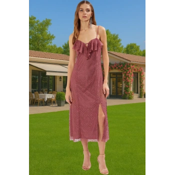 Şık Dantel Örme Midi Abiye Elbise Volanlı Astarlı Yazlık Mükemmel Uyum Kaliteli İşçilik