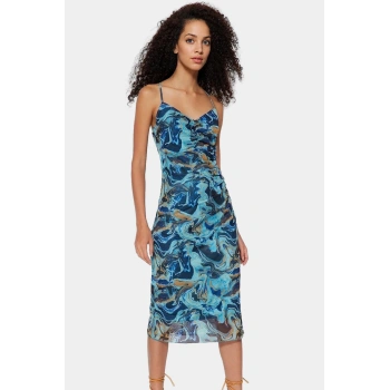 Şık Desenli Bodycon Midi Elbise İnce Askılı Örme Tül Kumaş Profesyonel Görünüm