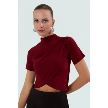 Şık Dik Yaka Crop Bluz Örme Kumaş Kruvaze Yazlık Modern Stil Rahat Ve Özel Tasarım