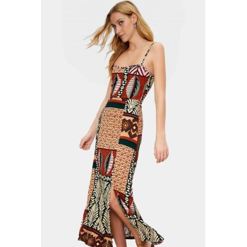 Şık Etnik Desenli Midi A Line Örme Elbise Rahat Yazlık Günlük Kombin Mükemmel Uyum Modern Stil